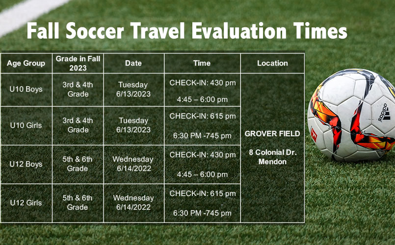 Fall Travel Evals June 13 - 14  U10 & U12